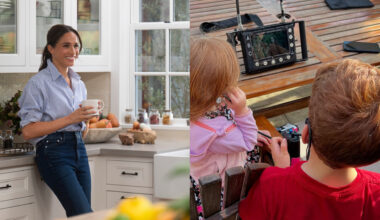 Meghan Markle wearing a striped shirt standing in a kitchen; Prince Archie and Princess Lilibet wearing headphones looking at a screen
