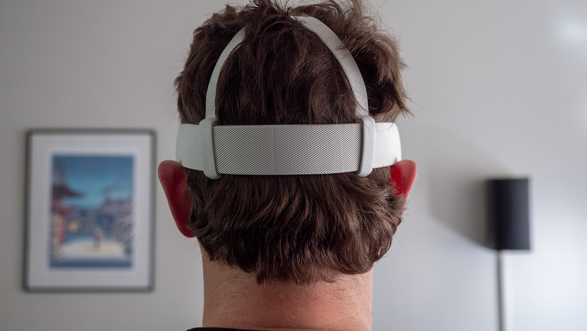 Wearing a Meta Quest 3S with the default cloth strap