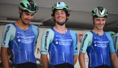 Victor Lafay on stage with two of his Decathlon AG2R La Mondiale teammates