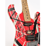 A Stratocaster style guitar with a red body and seemingly random red and white bars of varying thickness shooting across it.