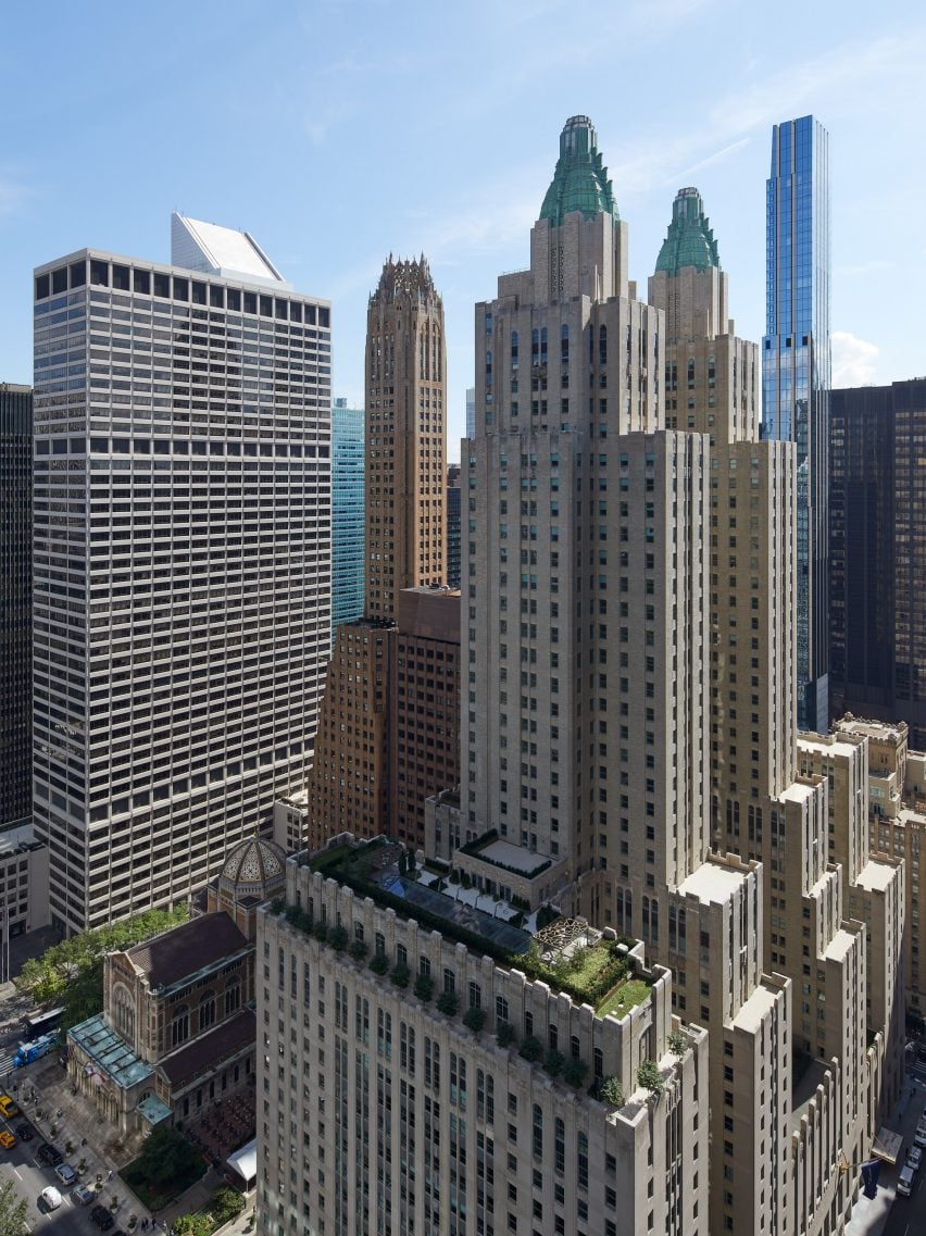 The Waldorf Astoria building amongst the contemporary skyscrapers of Midtown Manhattan