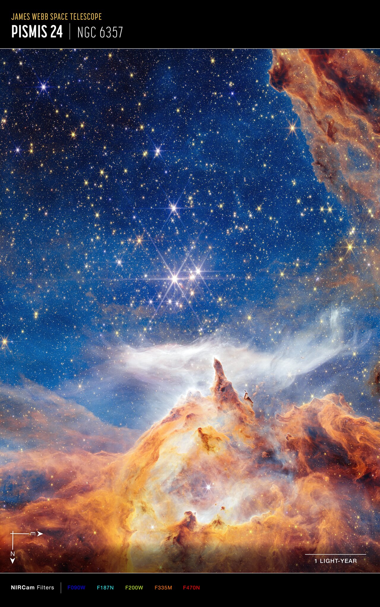 A vibrant JWST and Hubble image shows the star cluster Pismis 24 in nebula NGC 6357, with bright stars, glowing gas clouds, and dark dust lanes.