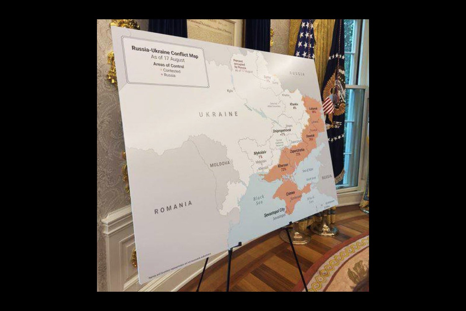 A map of Ukraine showing areas controlled by Russia with percentages of eastern oblasts under its control.