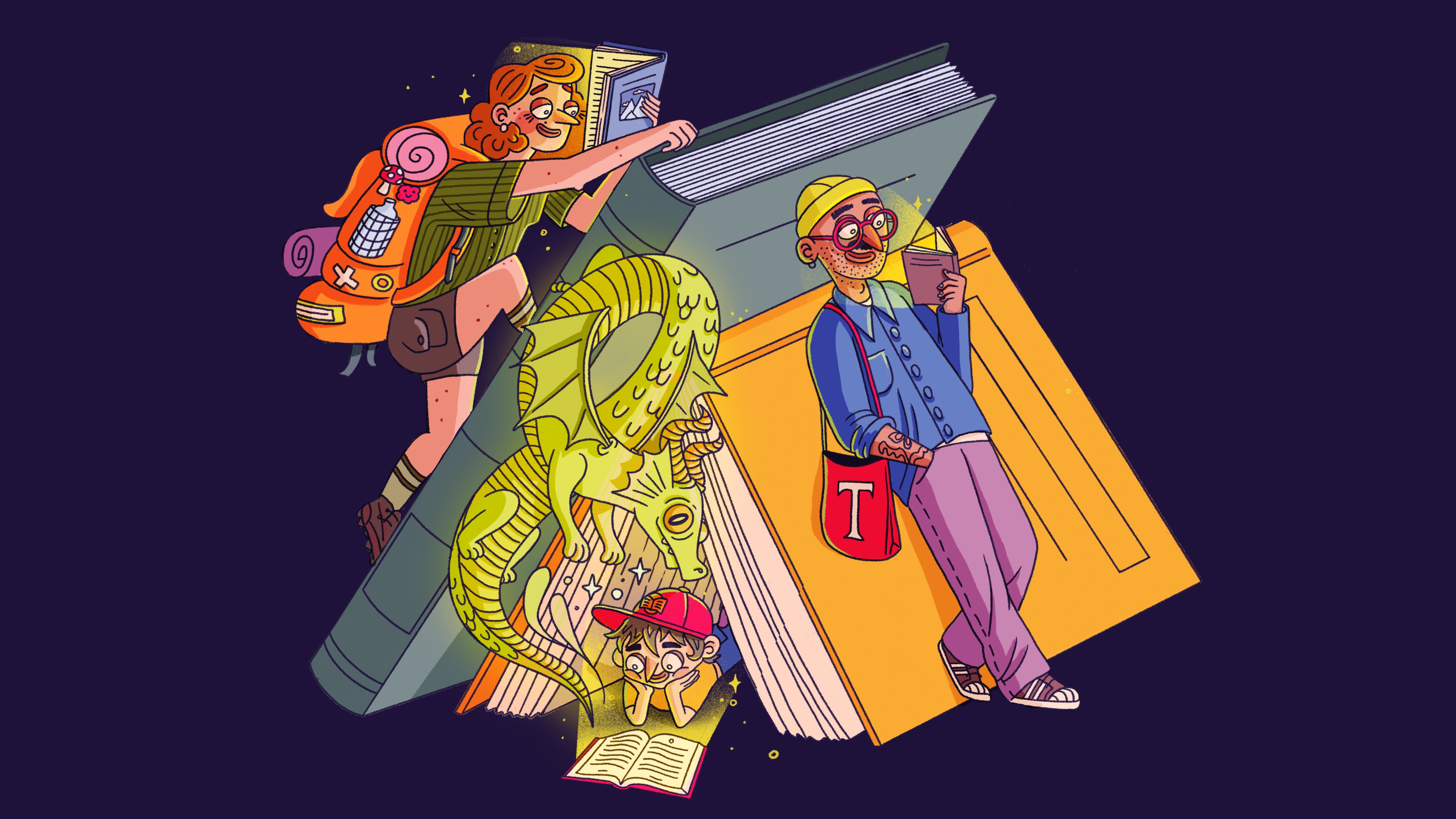 Illustration of a woman with a backpack climbing a book, a boy reading with a dragon above him, and a man reading while leaning on a book.