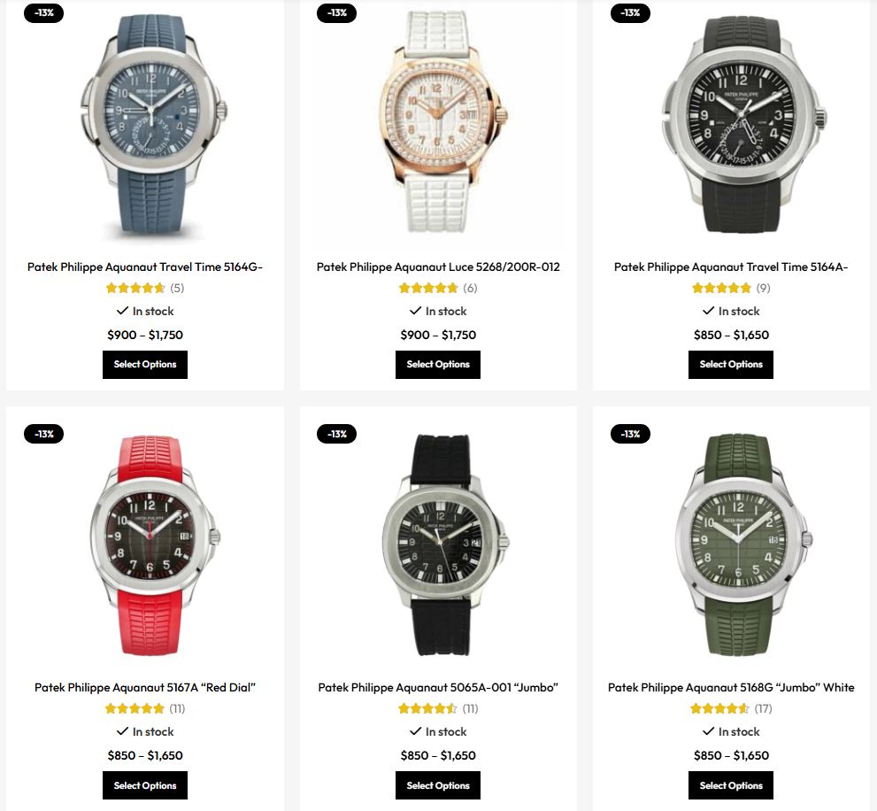 Six Patek Philippe Aquanaut watches, with prices ranging from $850 to $1,750, are displayed for sale online.