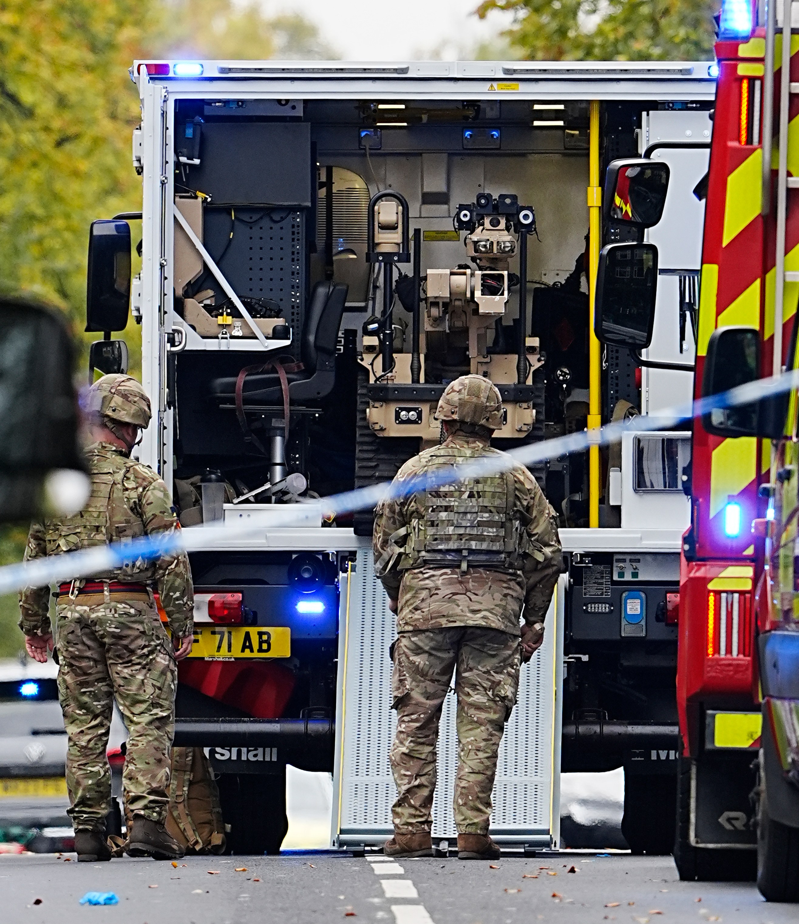 A bomb disposal robot outside the synagogue