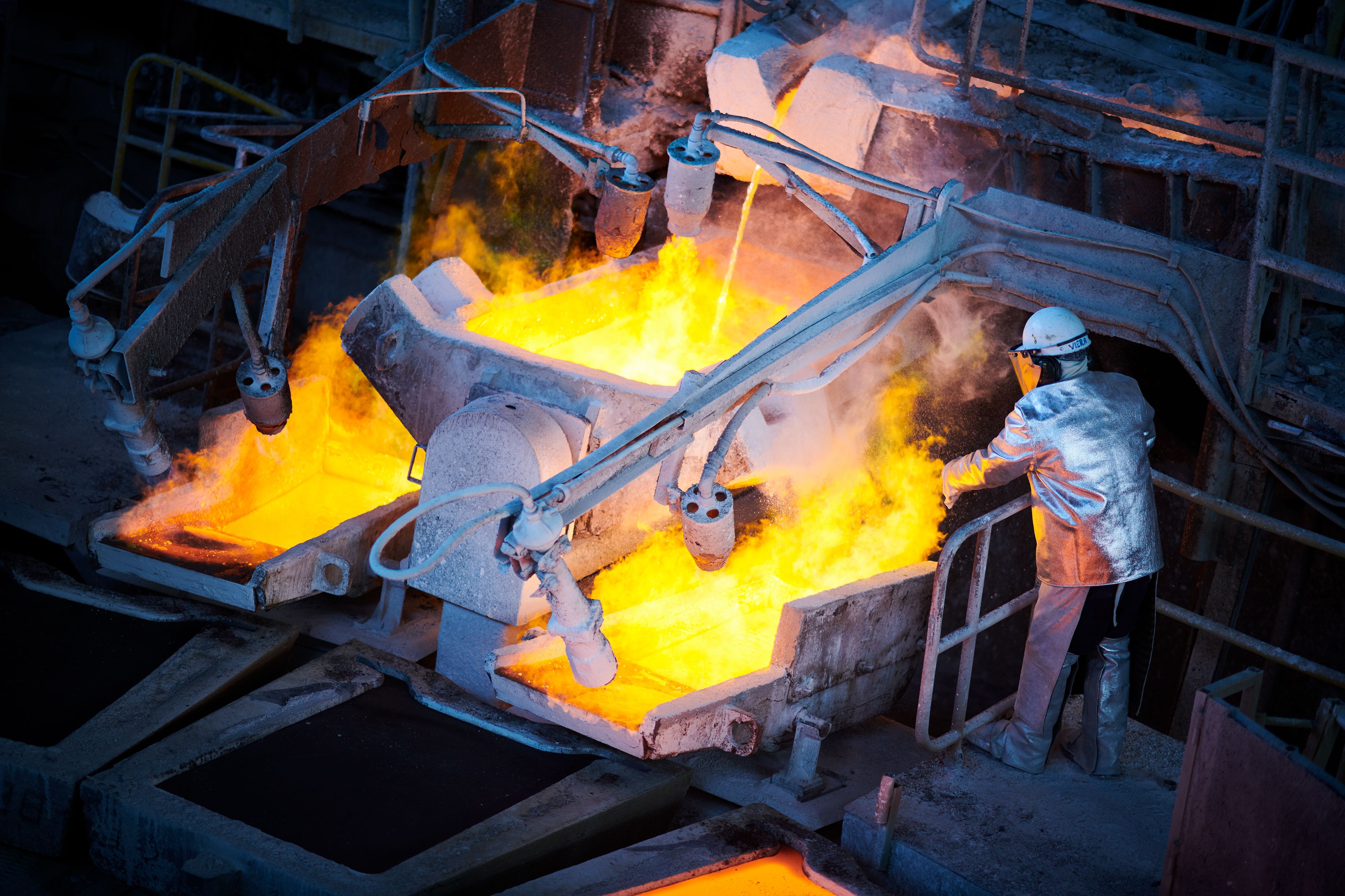 Molten copper being poured at the Altonorte copper smelter in Chile.