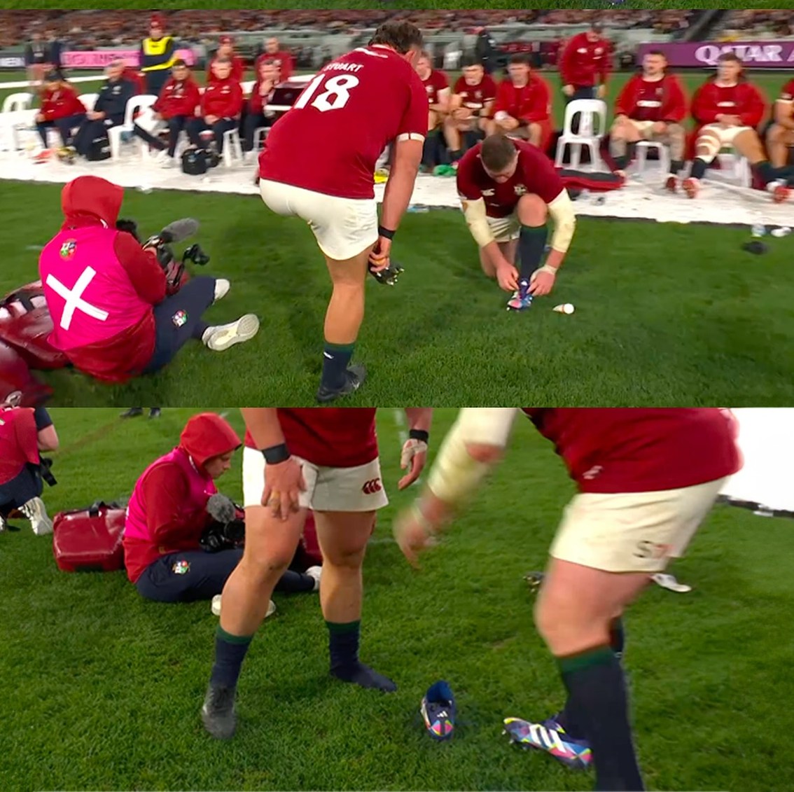 Collage of rugby players and staff on a field, including a player tying his shoe and another removing cleats.