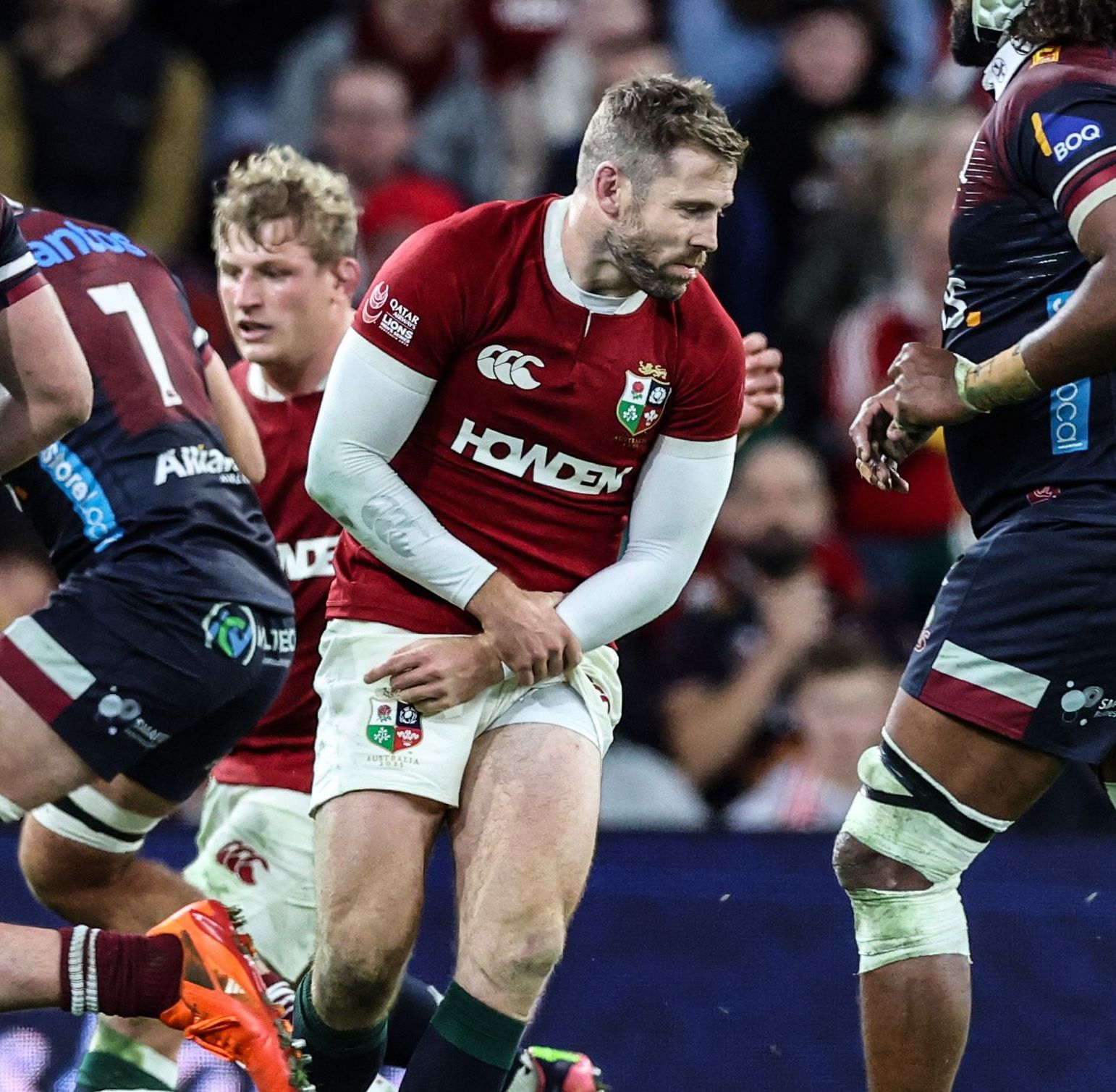 Elliot Daly reacts after breaking his forearm in a tackle during the 2025 British & Irish Lions Tour to Australia.