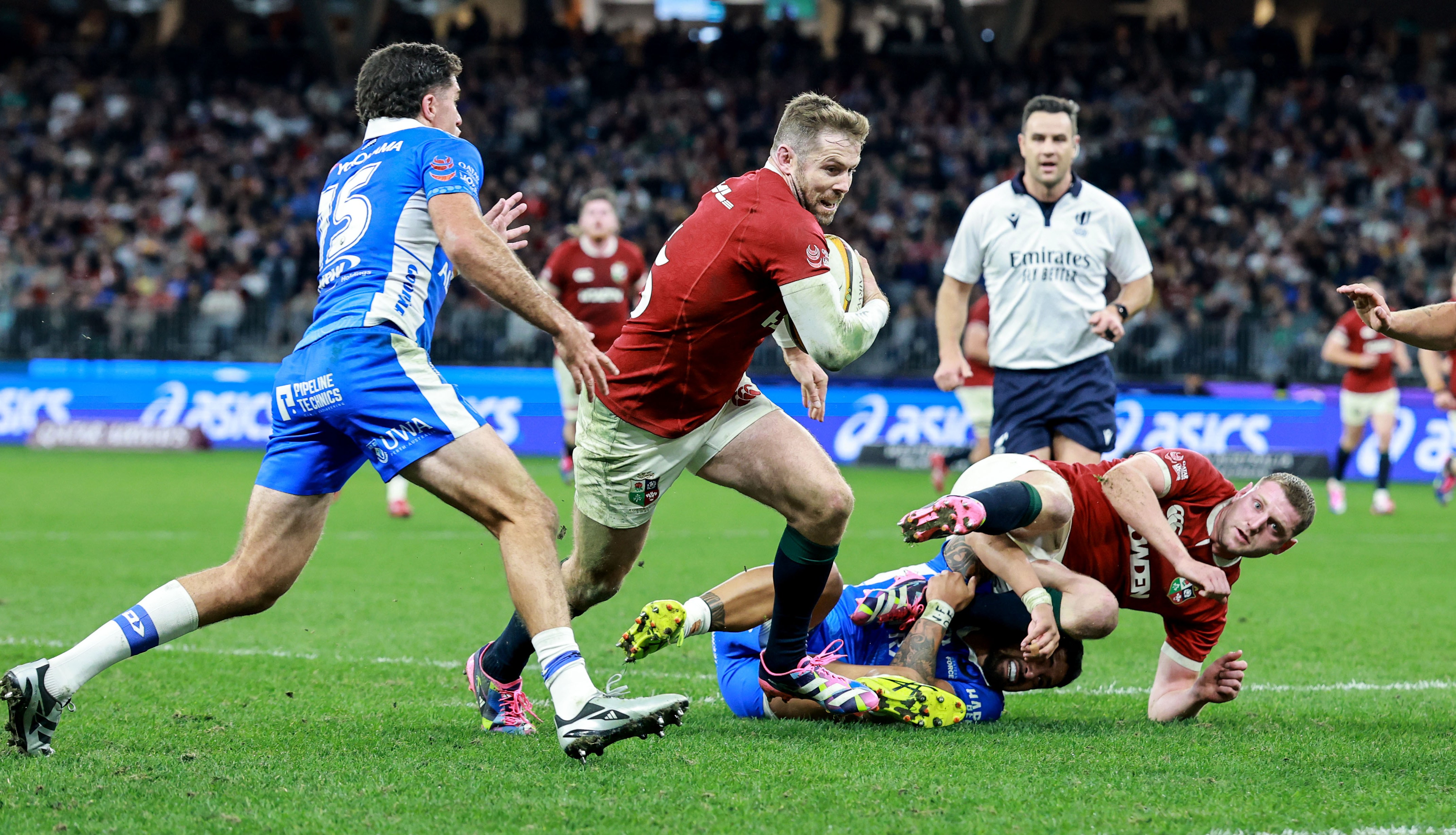Elliot Daly of the British & Irish Lions running with the ball against Western Force.