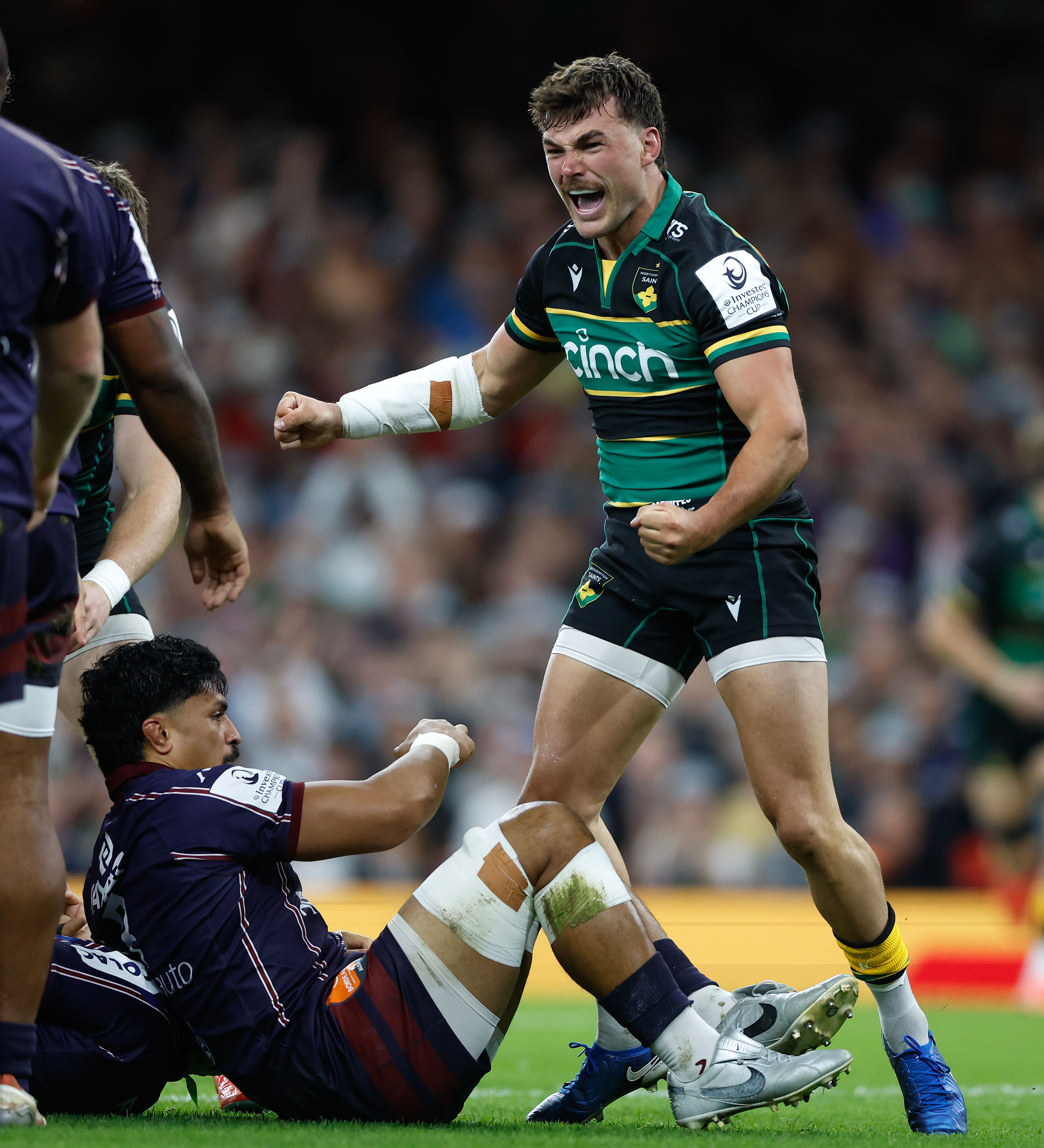 George Furbank celebrates after Alex Coles scores the opening try for Northampton Saints against Bordeaux Begles.