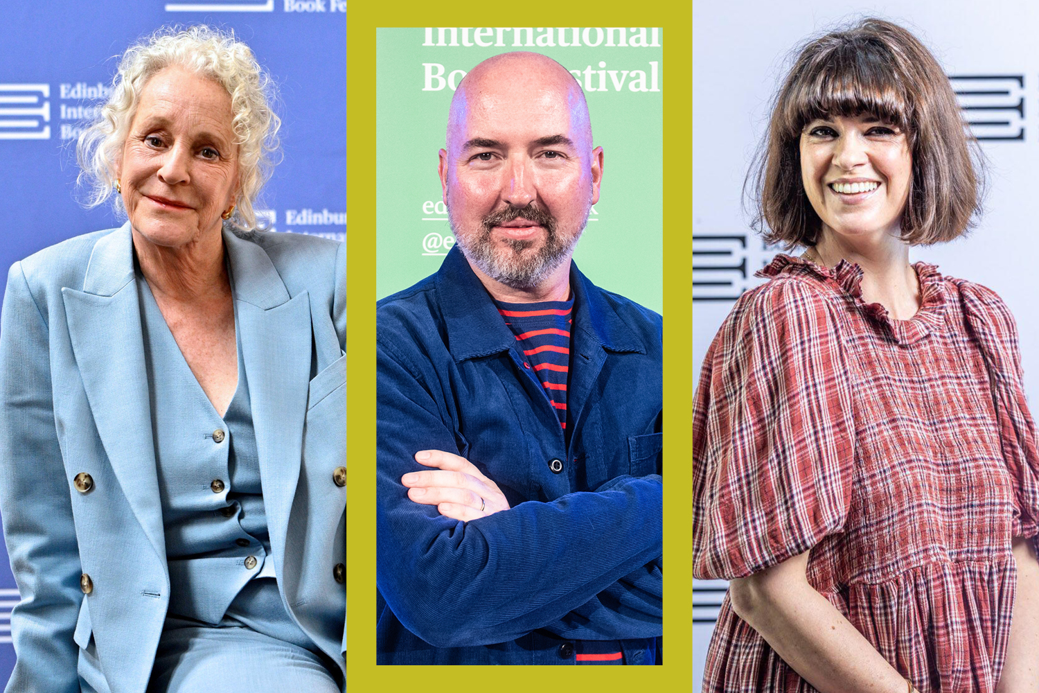 Collage of three people smiling: a woman with curly white hair in a light blue suit, a bald man with a beard in a blue jacket, and a woman with bangs in a red plaid dress.