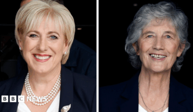 A composite photo of Heather Humphreys, she has light hair and is wearing a navy blazer with white top and necklace, and Catherine Connolly, she has grey hair and is wearing a navy blazer with white top and necklace