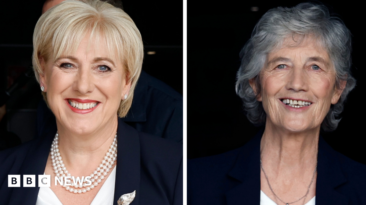 A composite photo of Heather Humphreys, she has light hair and is wearing a navy blazer with white top and necklace, and Catherine Connolly, she has grey hair and is wearing a navy blazer with white top and necklace