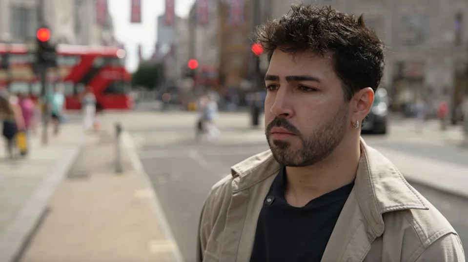 Diego Galdino has brown hair, brown eyes and a brown beard. He wears an earring in his left ear. He is facing left with a London street behind him.