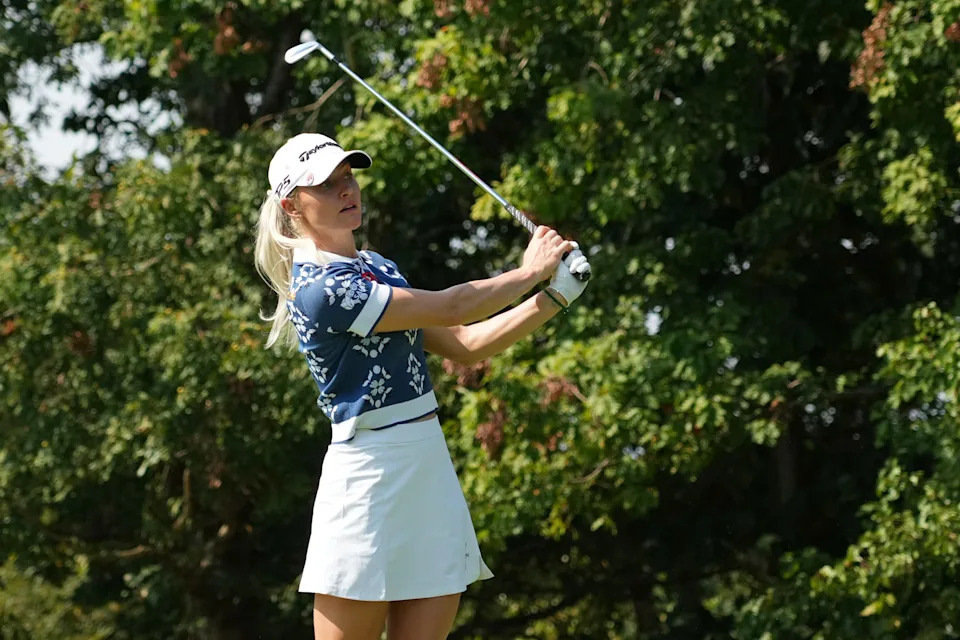 Charley Hull of England plays her shot from the fifth tee during the final round of the Kroger Queen City Championship presented by P&G 2025 at TPC River's Bend on September 14, 2025 in Cincinnati, Ohio.