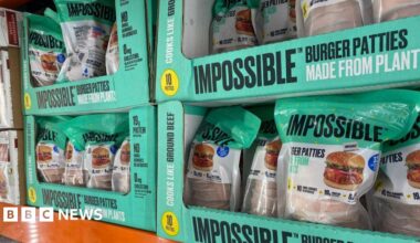 Four bright green boxes of "Impossible" burger patties on a shelf in the supermarket. The box is also labelled that it is "made from plants".