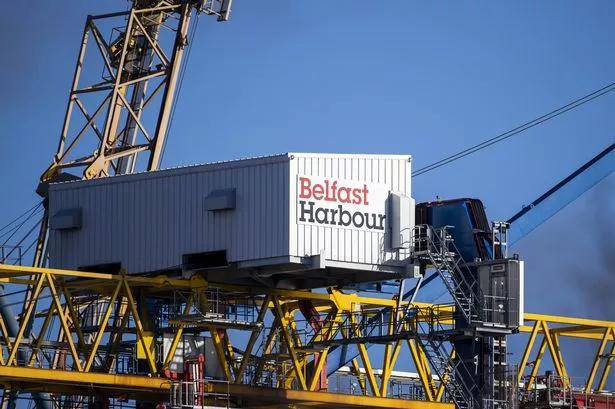 General view of a Belfast Harbour sign on a container crane at the Port of Belfast. 