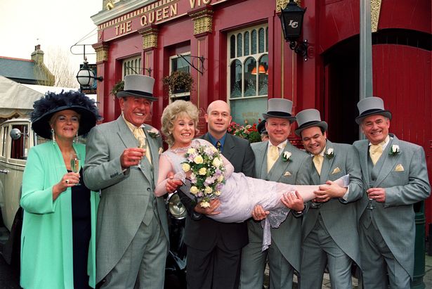 Pam St Clement, Mike Reid, Barbara Windsor, Ross Kemp, Steve McFadden, Shaun Williamson and Tony Caunter during a photocall outside the Queen Vic pub