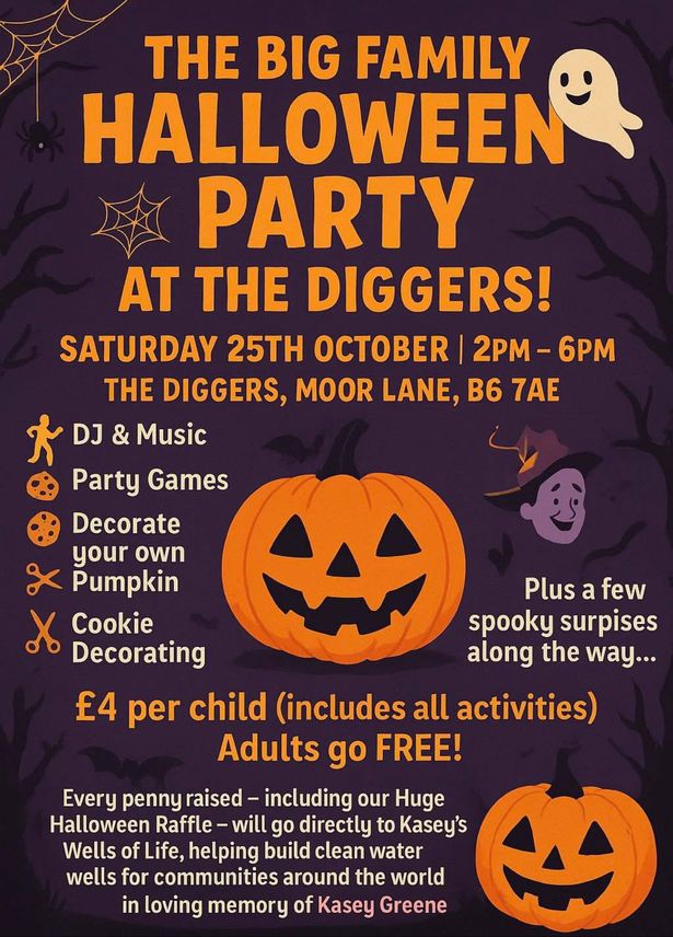 A flyer for the Big Family Halloween Party is being held in memory of Kasey at her aunt's pub The Diggers in Moor Lane