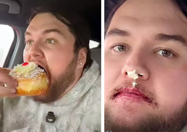 Kalani dives into a Manchester Tart Mônut but declares the Blueberry Bombshell his favourite (right)