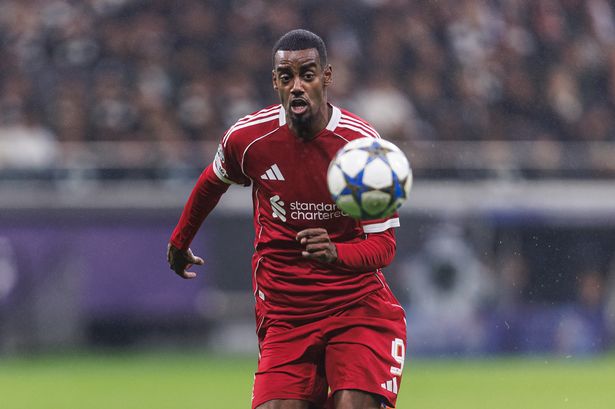 Alexander Isak of Liverpool chases the ball during the UEFA Champions League 2025/26 League Phase MD3 match between Eintracht Frankfurt and Liverpool FC at Frankfurt Stadion on October 22, 2025 in Frankfurt am Main, Germany
