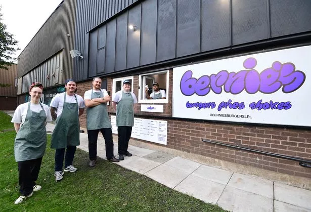 Jamie Heffey and Dan Westhead (centre), and the team at Bernie's Burgers (left to right) Beth Hitchin, Matthew Coggon and Abraham Solomon