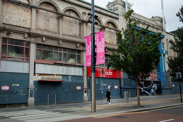 Boarded up retail and commercial units at the fire-damaged former ABC building in the centre of Glasgow