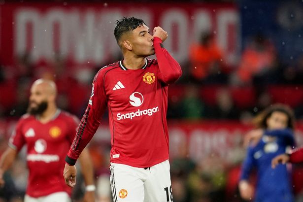 Casemiro celebrates after scoring for Manchester United against Chelsea