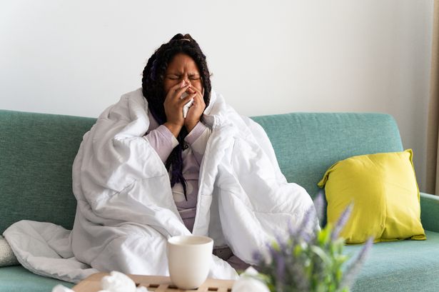Young woman sitting on the sofa at home, covered with a blanket, blowing her nose, suffering from a cold or flu