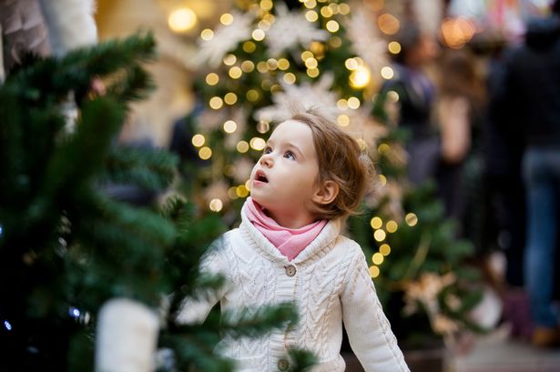 Excited little girl with open mouth looking at the beautifully decorated christmas trees with lights in the shopping mall/garden centre