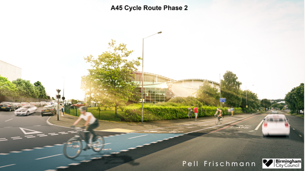 A visualisation of the proposed Birmingham cycle route on A45 Coventry Road. Taken from consultation page.