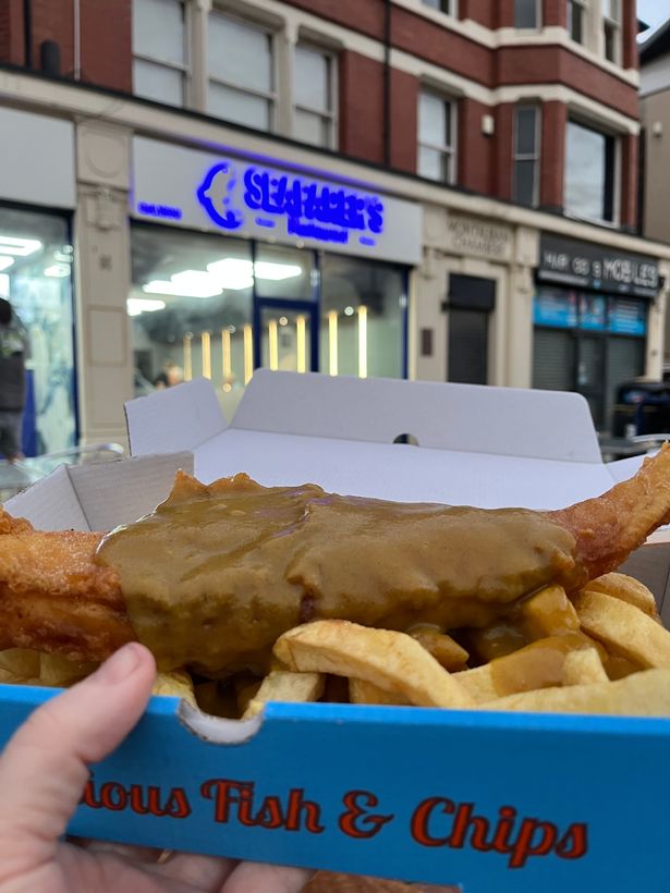 Fish, chips and curry sauce
