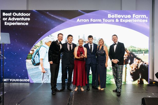 Bellevue Farm owner Ailsa Currie and the team, with award host Garry Spence and Rob Dickson from VisitScotland