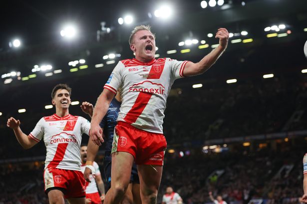 Hull KR's Jez Litten celebrates scoring the decisive try at Old Trafford.