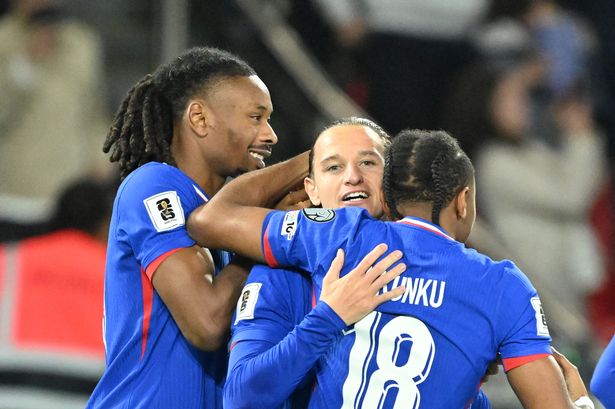 Florian Thauvin (C) of France celebrates after scoring during the FIFA World Cup 2026 Qualifying Group D match against Azerbaijan at Parc des Princes