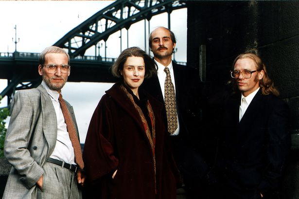 Our Friends in the North drama series charting lives of four Geordie friends starring Christopher Eccleston  Gina McKee Mark Strong and Daniel Craig, pictured in a 1996 promotional shot by the Tyne Bridge