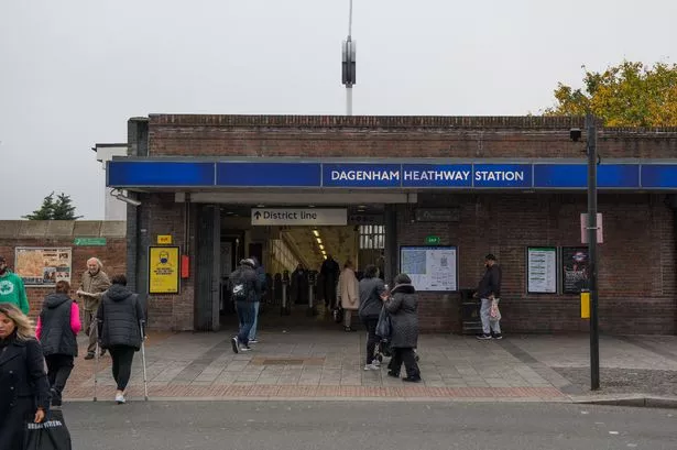 A general exterior view of Dagenham Heathway London Underground station on November 14, 2022 in Dagenham, London