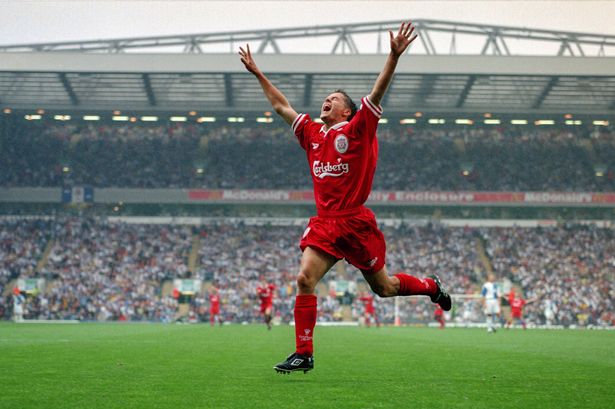 Michael Owen of Liverpool celebrates scoring the opening goal.