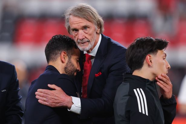 Sir Jim Ratcliffe consoles Ruben Amorim, head coach of Manchester United, after the UEFA Europa League Final 2025 between Tottenham Hotspur and Manchester United at Estadio San Mames on May 21, 2025 in Bilbao, Spain.