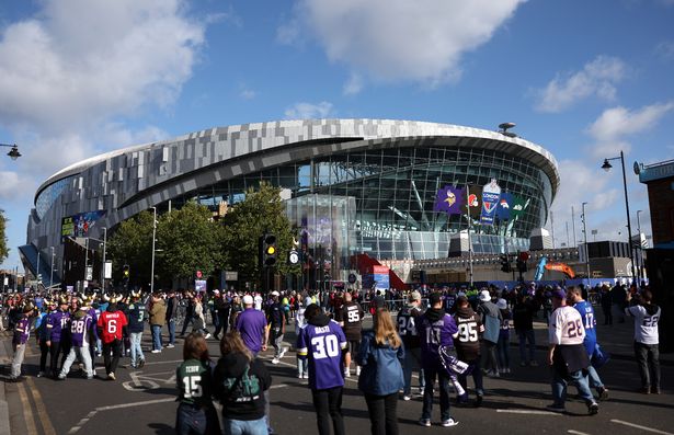 A general view outside the stadium as fans begin to arrive prior to the NFL 2025 game between Minnesota Vikings and Cleveland Browns at Tottenham Hotspur Stadium on October 05, 2025 in London