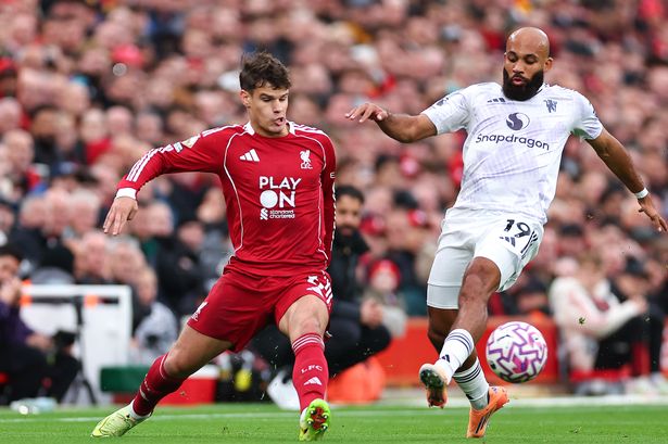 Milos Kerkez during Liverpool's loss vs Manchester United