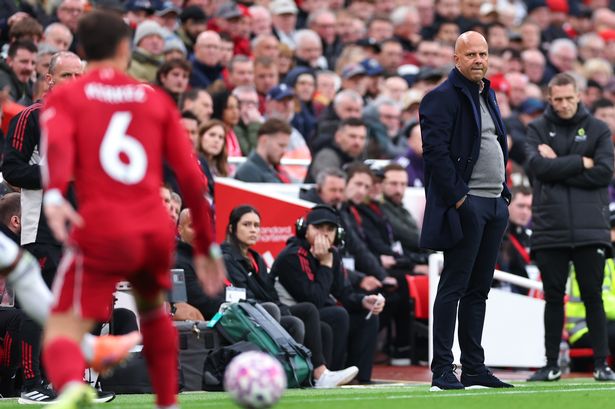 LIVERPOOL, ENGLAND - OCTOBER 19: Arne Slot manager / head coach of Liverpool looks on  during the Premier League match between Liverpool and Manchester United at Anfield on October 19, 2025 in Liverpool, England. (Photo by Robbie Jay Barratt - AMA/Getty Images)