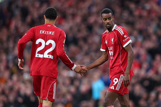 Hugo Ekitike and Alexander Isak of Liverpool during the Premier League match between Liverpool and Manchester United at Anfield on October 19, 2025 in Liverpool, England