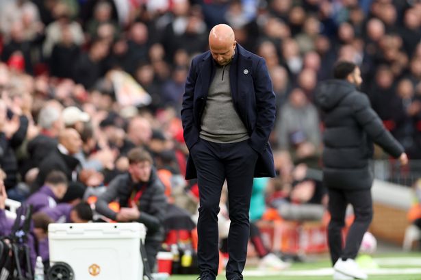 Arne Slot, Manager of Liverpool, reacts during the Premier League match between Liverpool and Manchester United