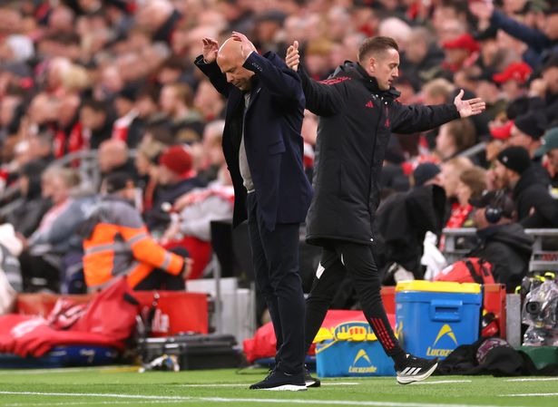 LIVERPOOL, ENGLAND - OCTOBER 19: Arne Slot, Manager of Liverpool, reacts during the Premier League match between Liverpool and Manchester United at Anfield on October 19, 2025 in Liverpool, England. (Photo by Carl Recine/Getty Images)