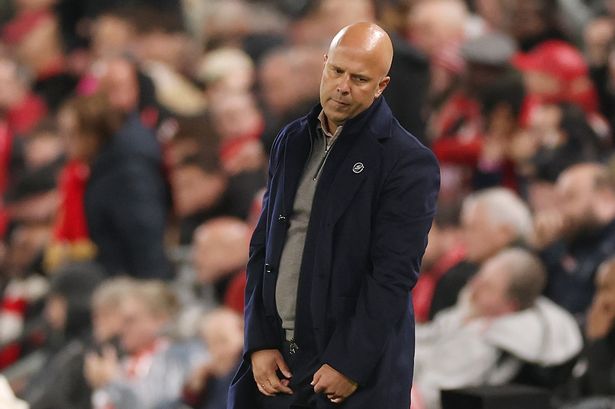 LIVERPOOL, ENGLAND - OCTOBER 19: Arne Slot, Manager of Liverpool, looks dejected during the Premier League match between Liverpool and Manchester United at Anfield on October 19, 2025 in Liverpool, England. (Photo by Carl Recine/Getty Images)