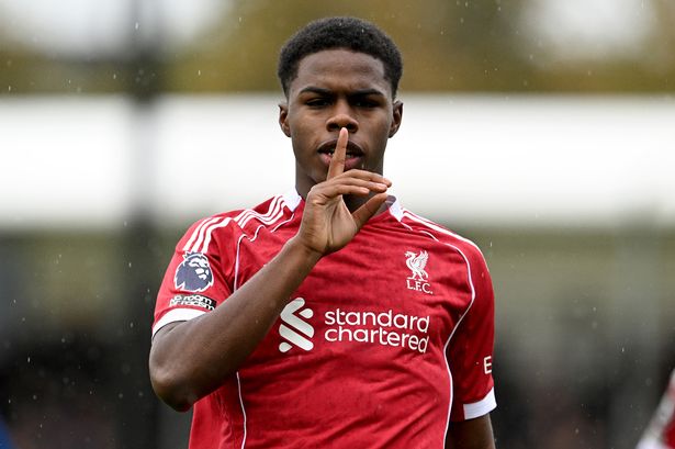 Keyrol Figueroa of Liverpool celebrates scoring Liverpool's first goal during the PL2 game at AXA Training Centre