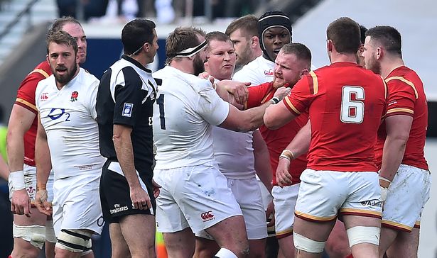 England prop Joe Marler clashes with Wales prop Samson Lee in 2016