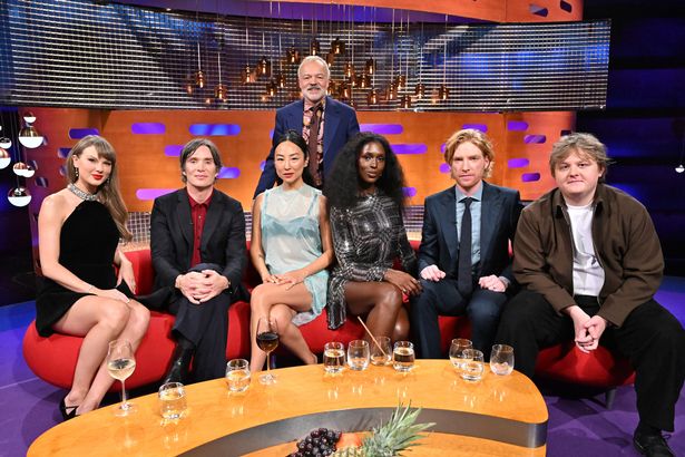 Taylor Swift, Cillian Murphy, Greta Lee, Jodie Turner-Smith, Domhnall Gleeson and Lewis Capaldi with host Graham Norton during filming for the Graham Norton Show